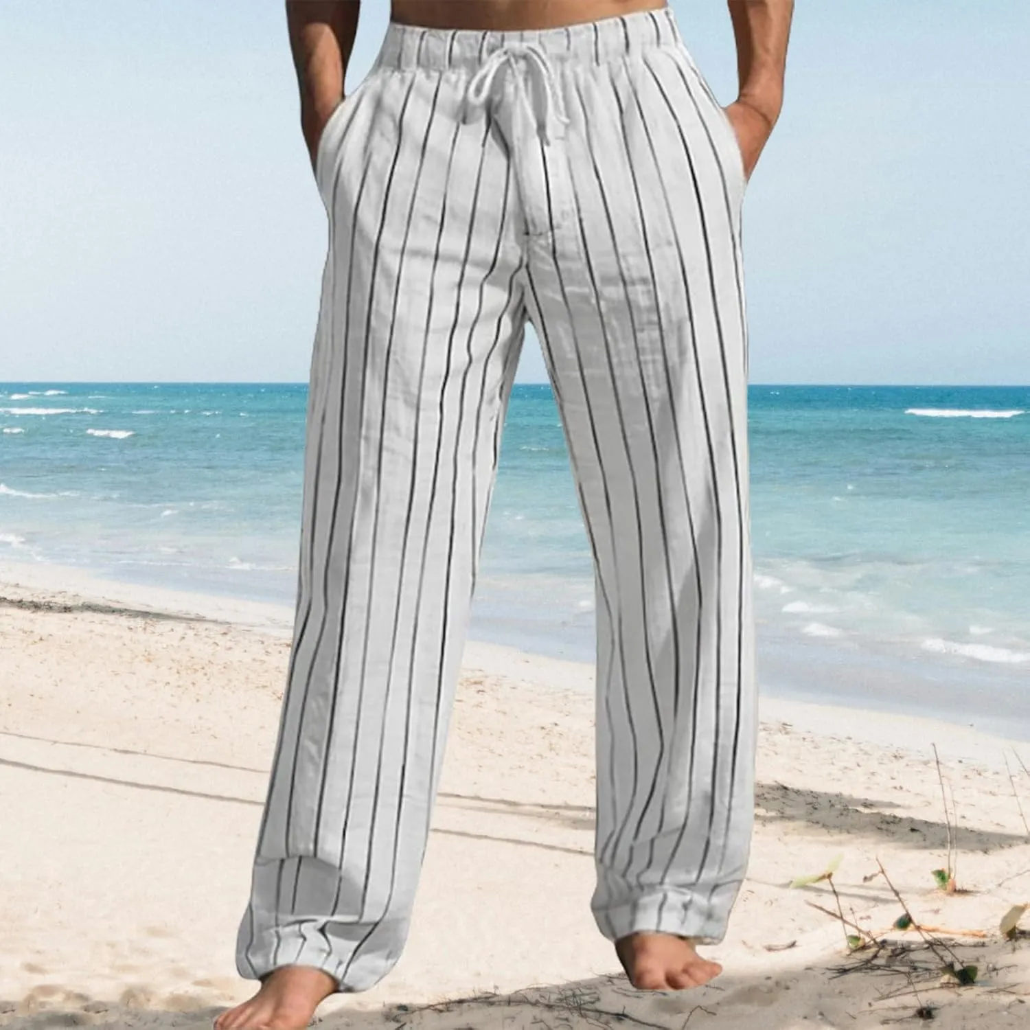 Thatrich Stretch Linen Pants Men Breathable Quick Dry Pant for Beach Jogging Yoga Elastic Waist Baggy Fit Trouser Comfy Slack