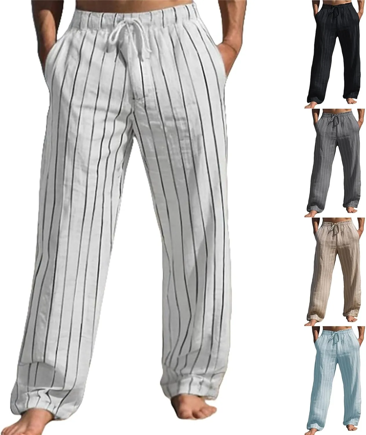Thatrich Stretch Linen Pants Men Breathable Quick Dry Pant for Beach Jogging Yoga Elastic Waist Baggy Fit Trouser Comfy Slack