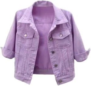 TIAFORD Women's 3/4 Sleeve Cropped Denim Jacket Casual Button Down Lapel Jean Trucker Jackets Coats with Pockets