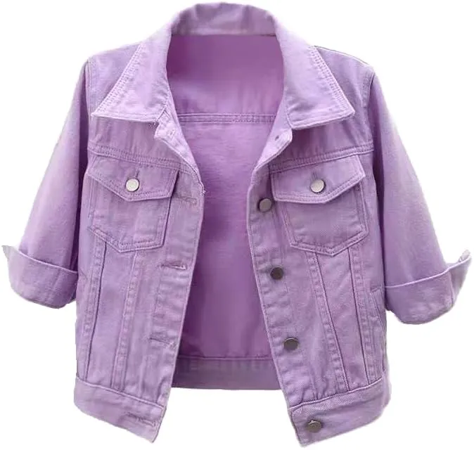 TIAFORD Women's 3/4 Sleeve Cropped Denim Jacket Casual Button Down Lapel Jean Trucker Jackets Coats with Pockets