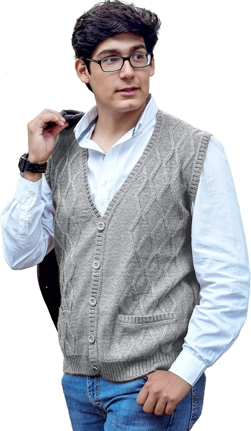 TINKUY Peru Mens Alpaca Wool V Neck Argyle Cardigan Vest, S-4XL
