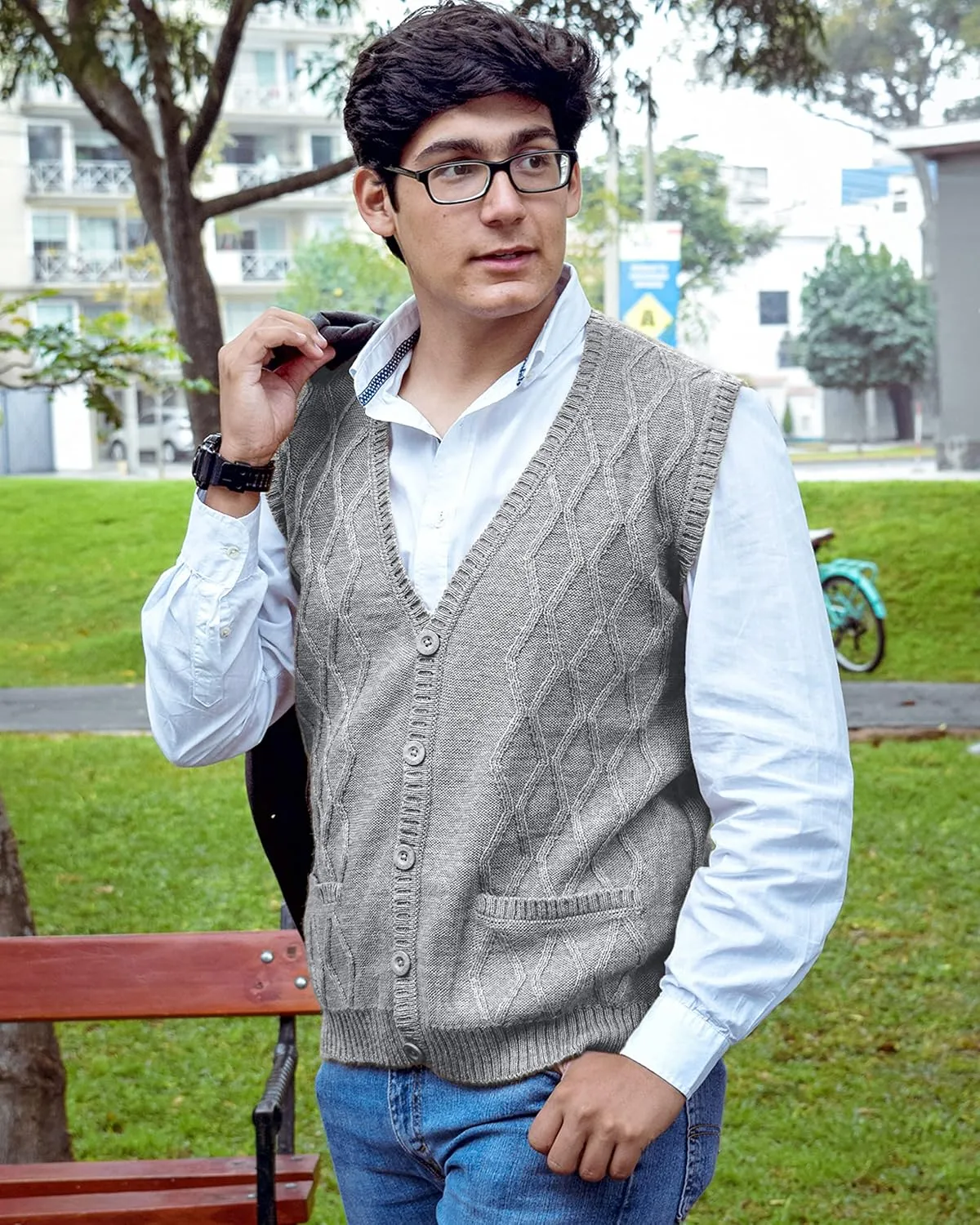 TINKUY Peru Mens Alpaca Wool V Neck Argyle Cardigan Vest, S-4XL