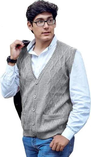 TINKUY Peru Mens Alpaca Wool V Neck Argyle Cardigan Vest, S-4XL