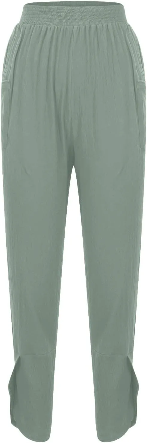 tuduoms Women's Linen Tapered Pants Comfy Casual Cropped Elastic Waist Beach Trousers Summer Lightweight Baggy Harem Pants