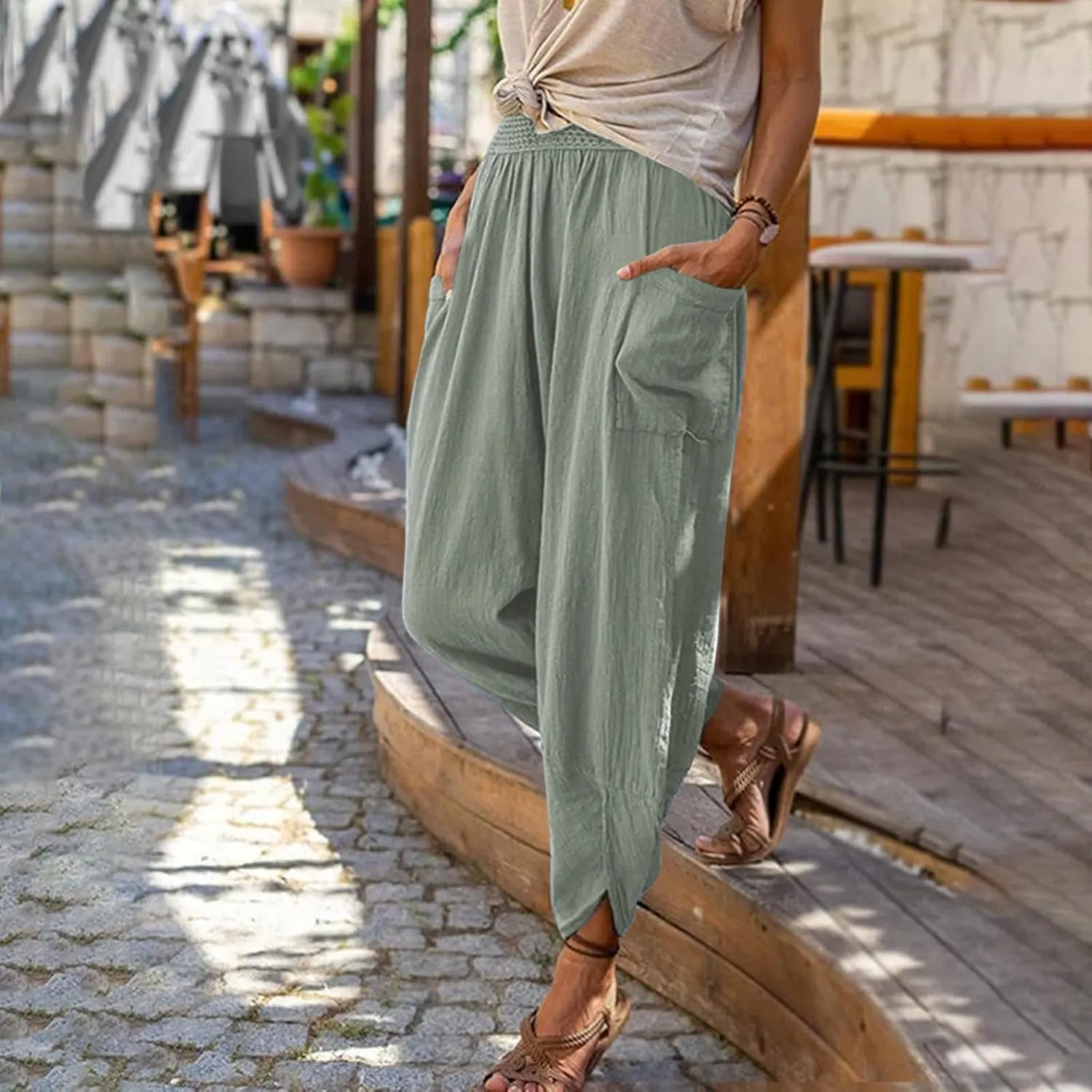 tuduoms Women's Linen Tapered Pants Comfy Casual Cropped Elastic Waist Beach Trousers Summer Lightweight Baggy Harem Pants