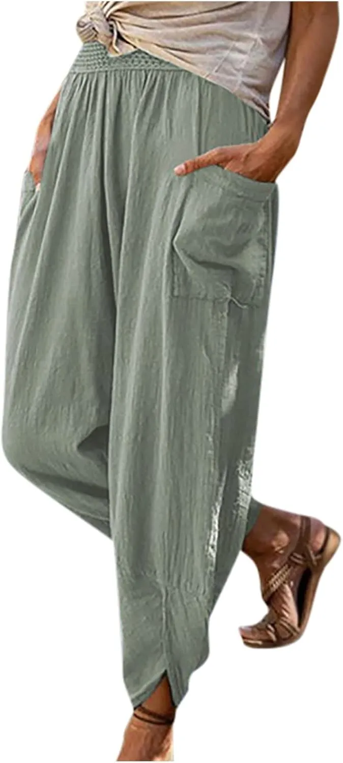 tuduoms Women's Linen Tapered Pants Comfy Casual Cropped Elastic Waist Beach Trousers Summer Lightweight Baggy Harem Pants