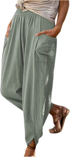 tuduoms Women's Linen Tapered Pants Comfy Casual Cropped Elastic Waist Beach Trousers Summer Lightweight Baggy Harem Pants