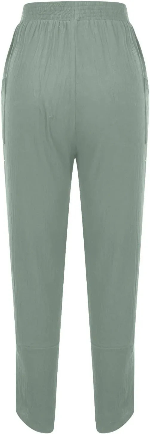 tuduoms Women's Linen Tapered Pants Comfy Casual Cropped Elastic Waist Beach Trousers Summer Lightweight Baggy Harem Pants