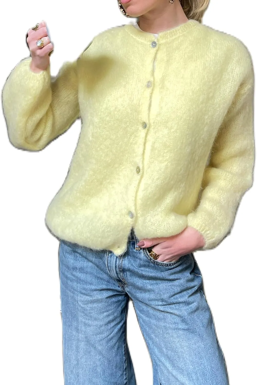UAURORAO Women Crewneck Sweater Cardigan Lightweight Button Down Fuzzy Knit Outwear Coats Cute Fluffy Sweater Jacket