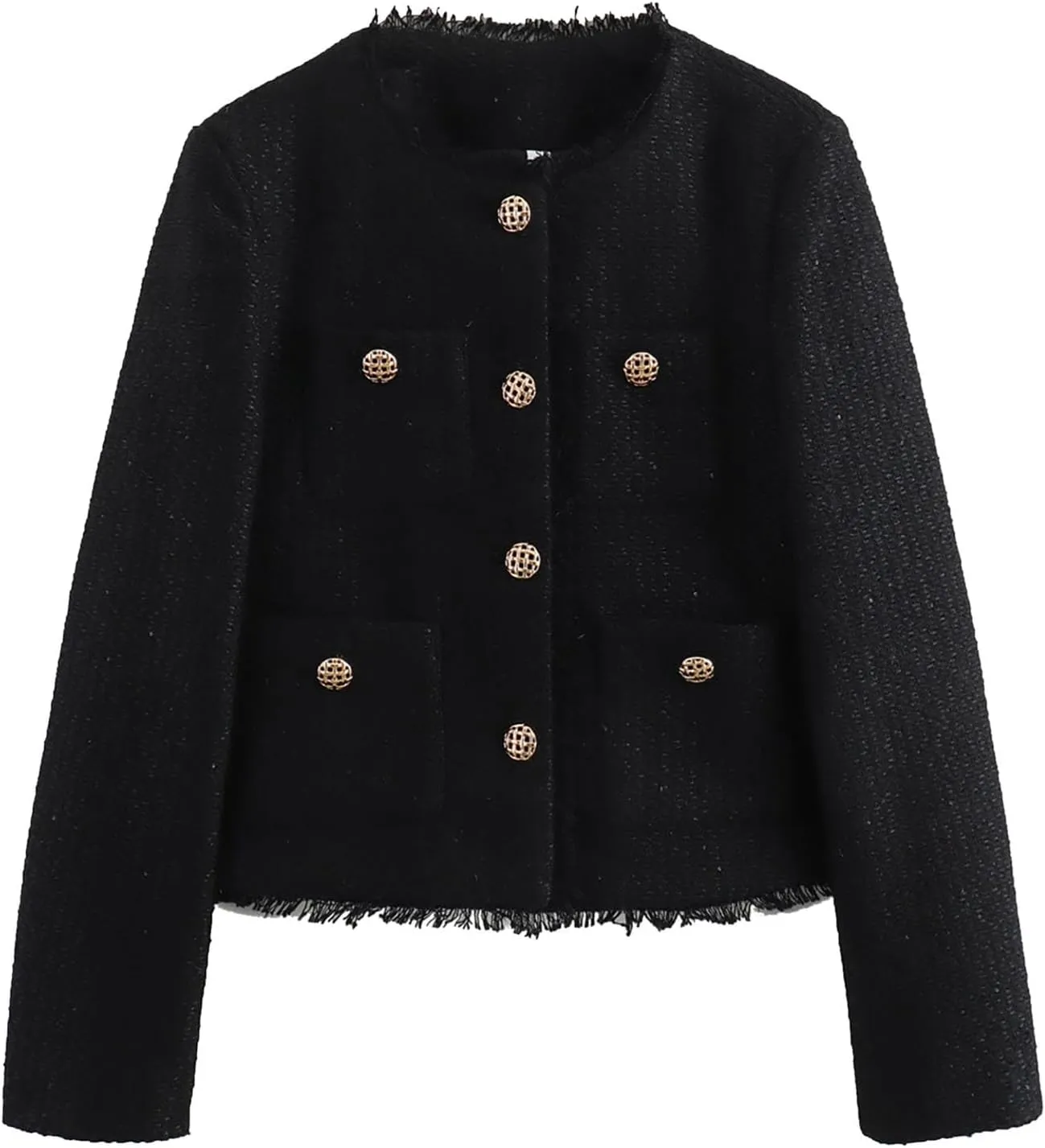 uhnmki Crop Tweed Blazer Jacket Women Collarless Open Front Button Down Business Work Casual Wool Jacket Coat