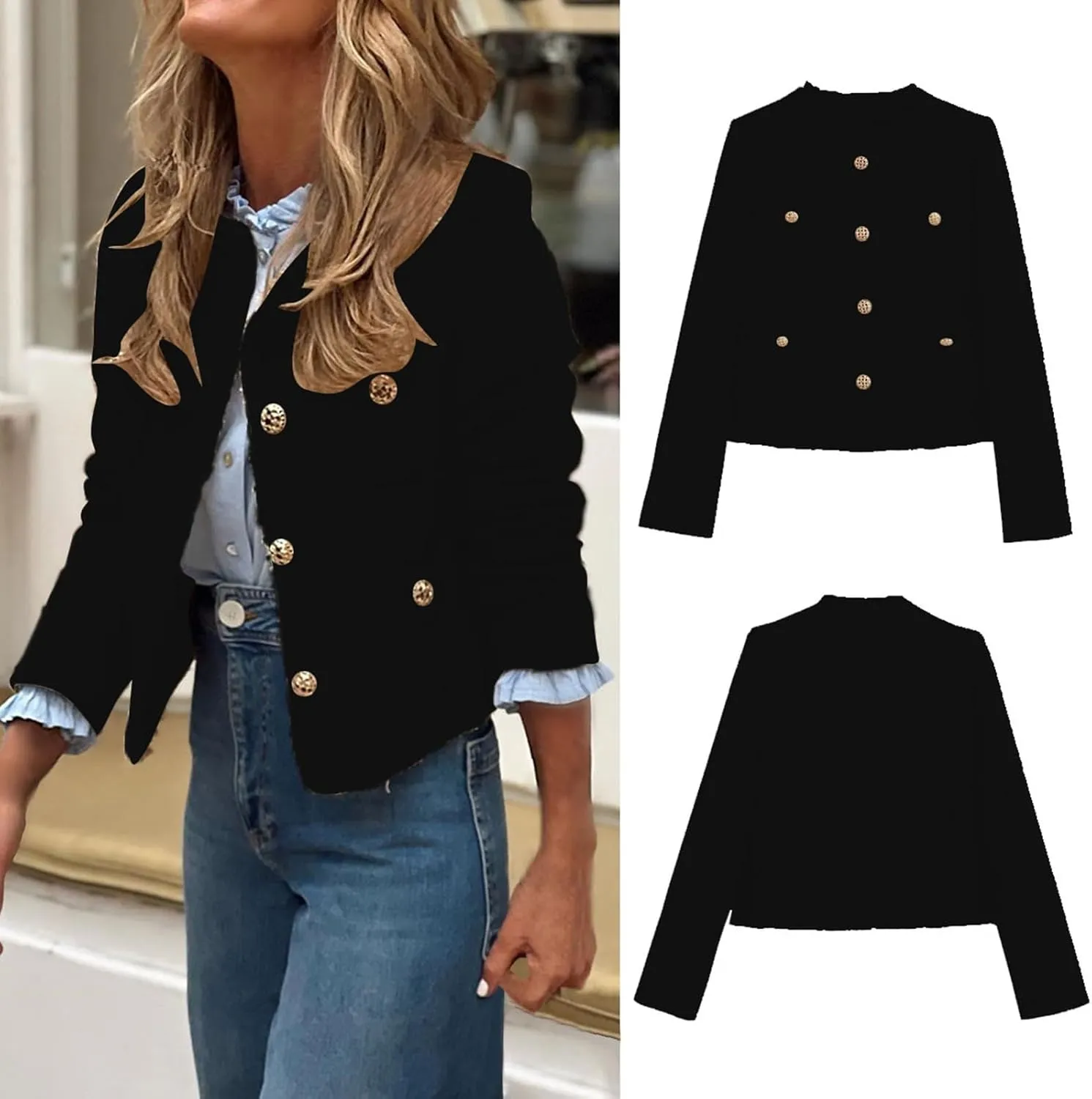 uhnmki Crop Tweed Blazer Jacket Women Collarless Open Front Button Down Business Work Casual Wool Jacket Coat