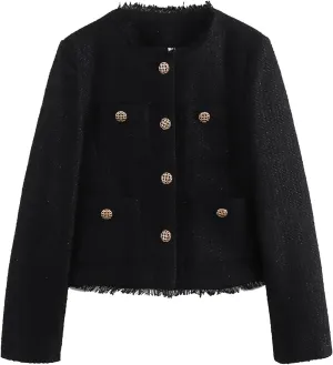 uhnmki Crop Tweed Blazer Jacket Women Collarless Open Front Button Down Business Work Casual Wool Jacket Coat