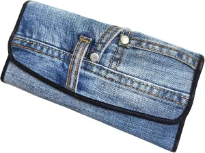 Up-cycling Blue Denim Trifold Large Capacity Long Wallet Wristlet Purse for Women