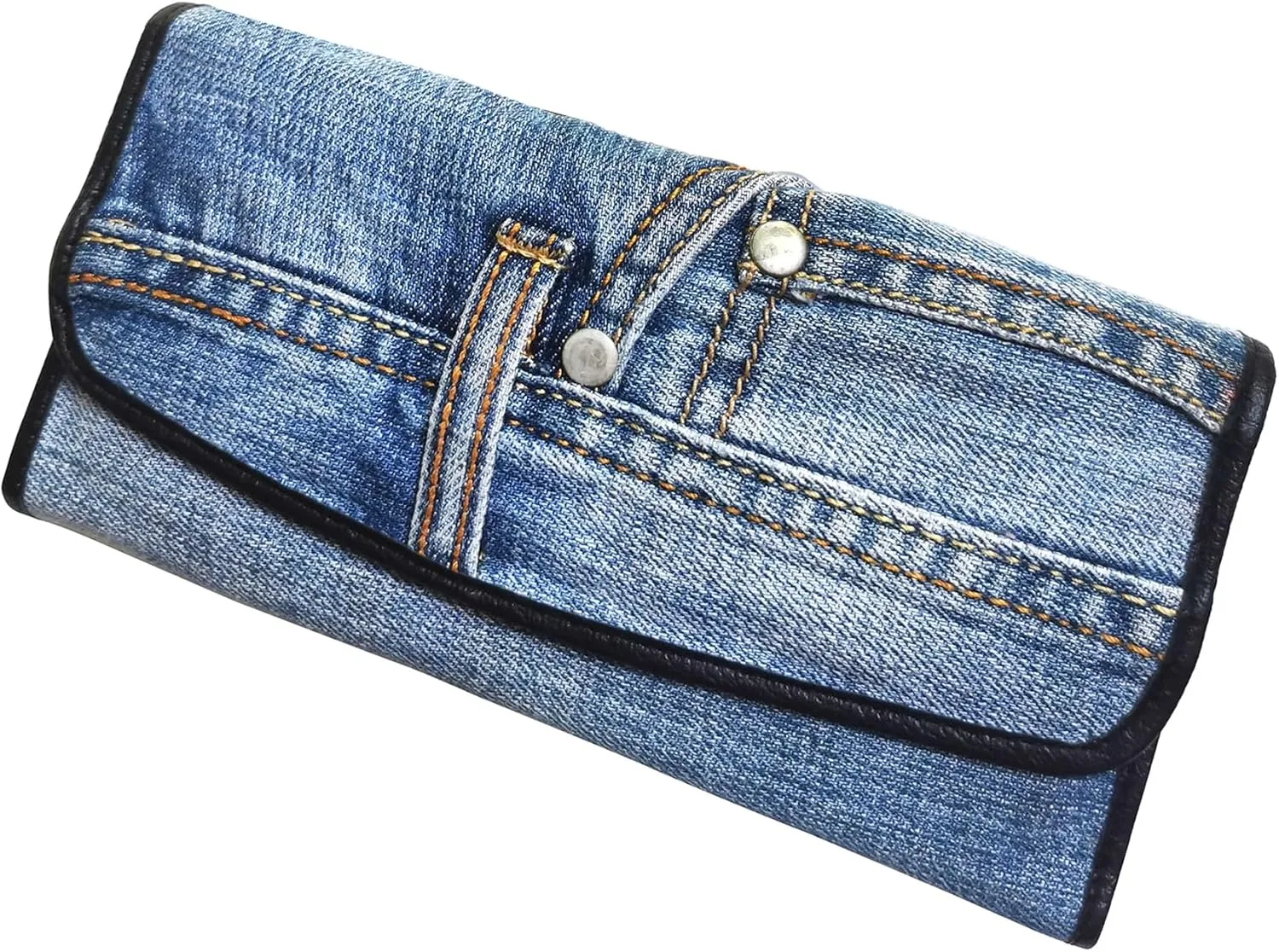 Up-cycling Blue Denim Trifold Large Capacity Long Wallet Wristlet Purse for Women