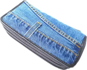 Upcycled Blue Denim Double Zipper Accordion Long Wallet Clutch Wristlet for Women DMW015