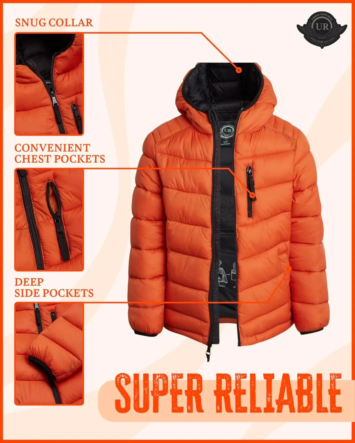 URBAN REPUBLIC Boys Foldable Hooded Jacket  Insulated Weather Resistant Bubble Puffer Windbreaker Coat for Boys Sizes 4-20