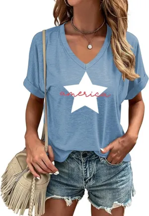 USA Flag V-Neck Shirt Women Star and Stripes Graphic Tops Red White and Blue Short Sleeve Tee Summer Patriotic T-Shirt