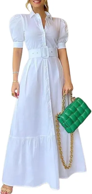 utcoco Womens Striped Button Down Shirt Dress Casual Puff Short Sleeve Ruffle Hem Maxi Dresses with Belt