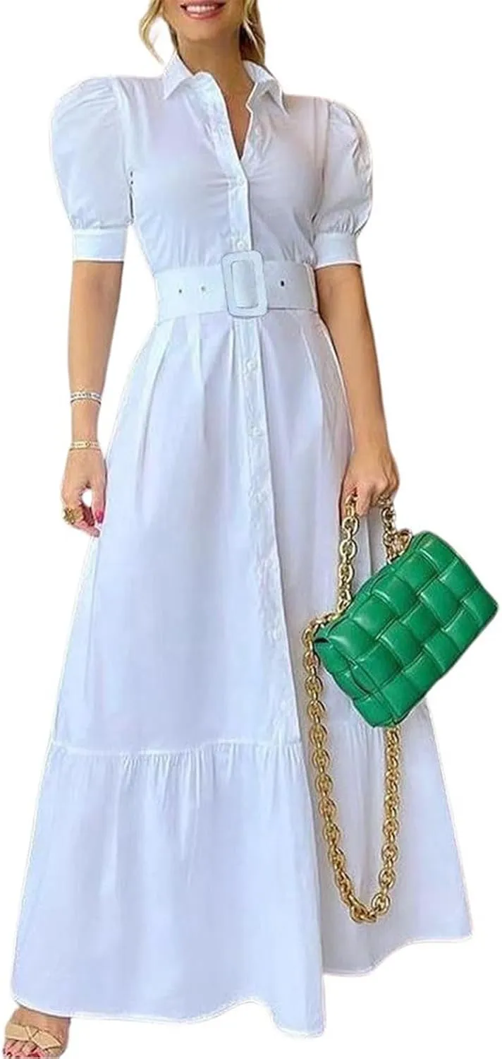 utcoco Womens Striped Button Down Shirt Dress Casual Puff Short Sleeve Ruffle Hem Maxi Dresses with Belt