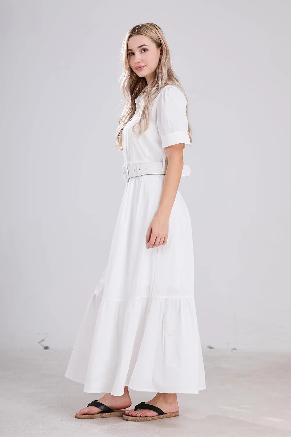 utcoco Womens Striped Button Down Shirt Dress Casual Puff Short Sleeve Ruffle Hem Maxi Dresses with Belt