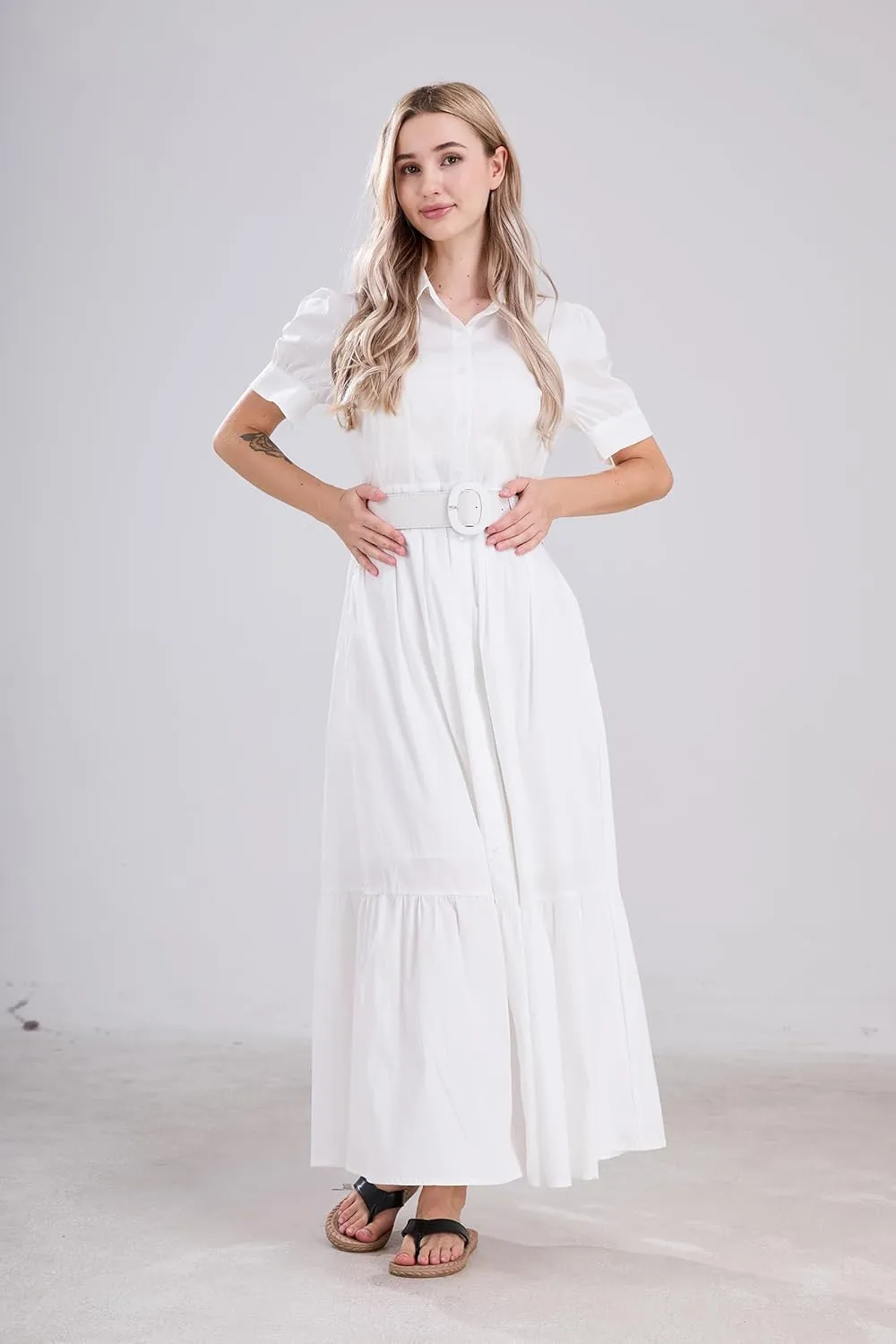 utcoco Womens Striped Button Down Shirt Dress Casual Puff Short Sleeve Ruffle Hem Maxi Dresses with Belt