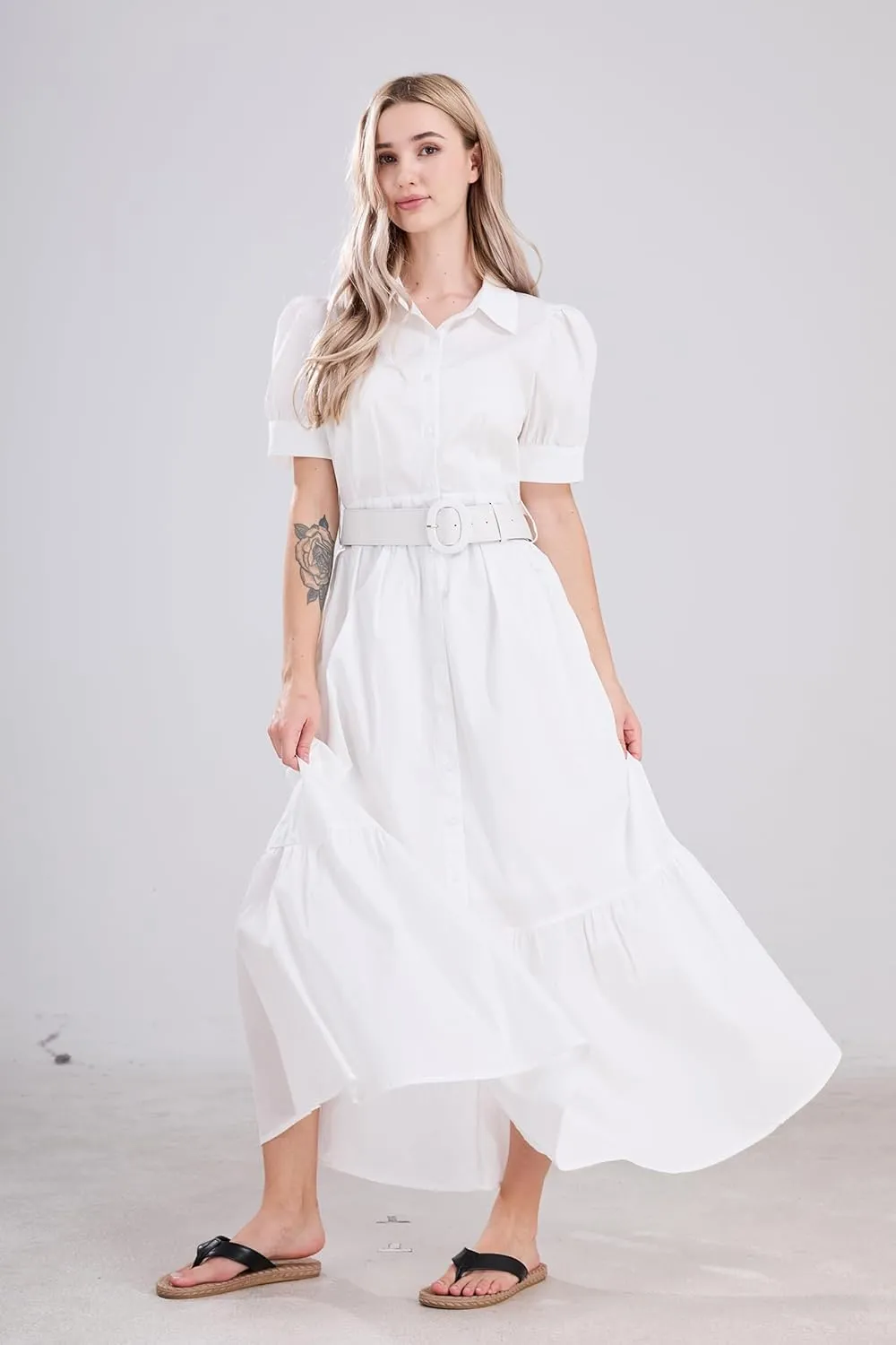 utcoco Womens Striped Button Down Shirt Dress Casual Puff Short Sleeve Ruffle Hem Maxi Dresses with Belt