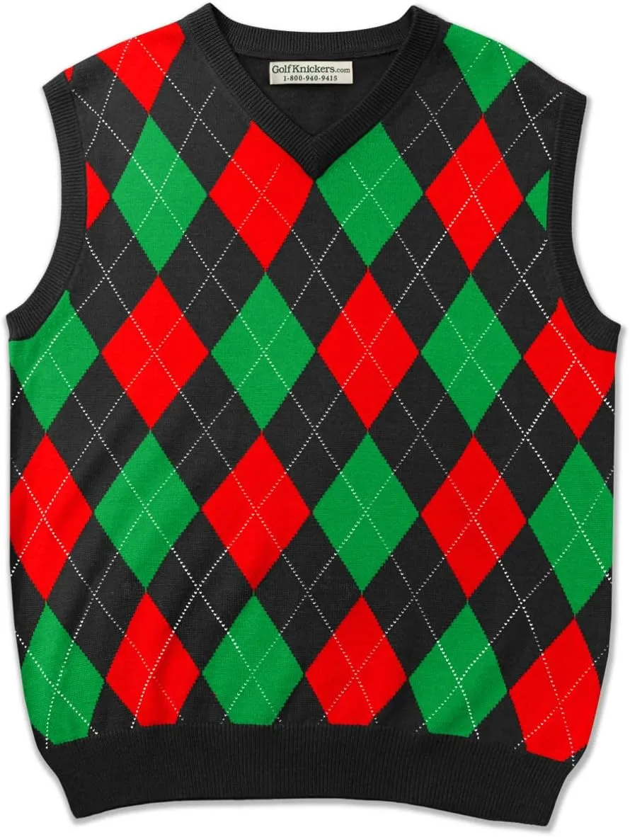 V-Neck Argyle Golf Sweater Vests - GolfKnickers: Mens - Pullover - (EE-6Z)
