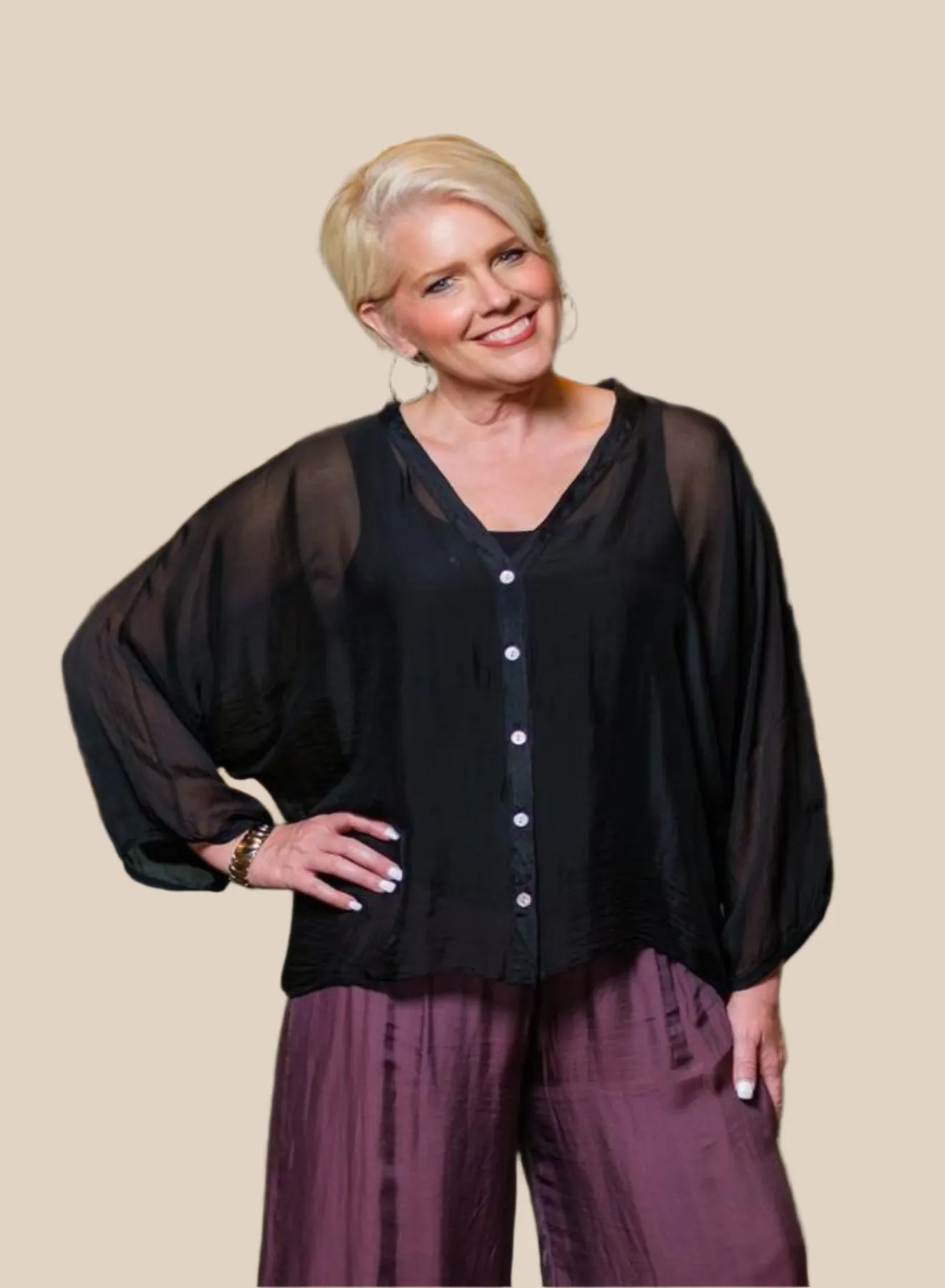 VIOLA 3/4 SLEEVE SILK BUTTON FRONT BLOUSE