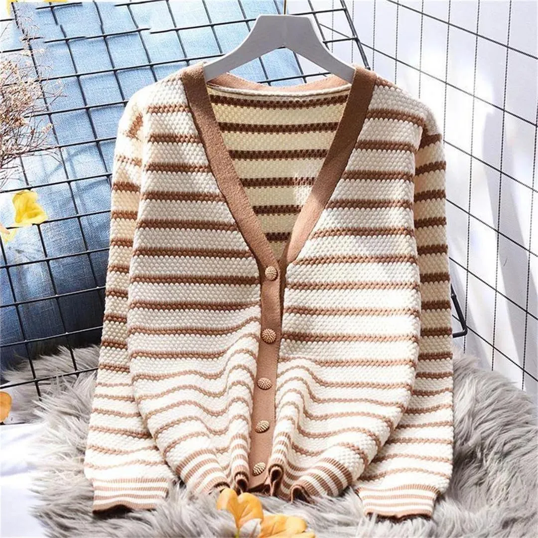 Vsadsau Women's Striped Knit Cardigan Sweater V-Neck Casual Loose Long Sleeve Buttons Jumper