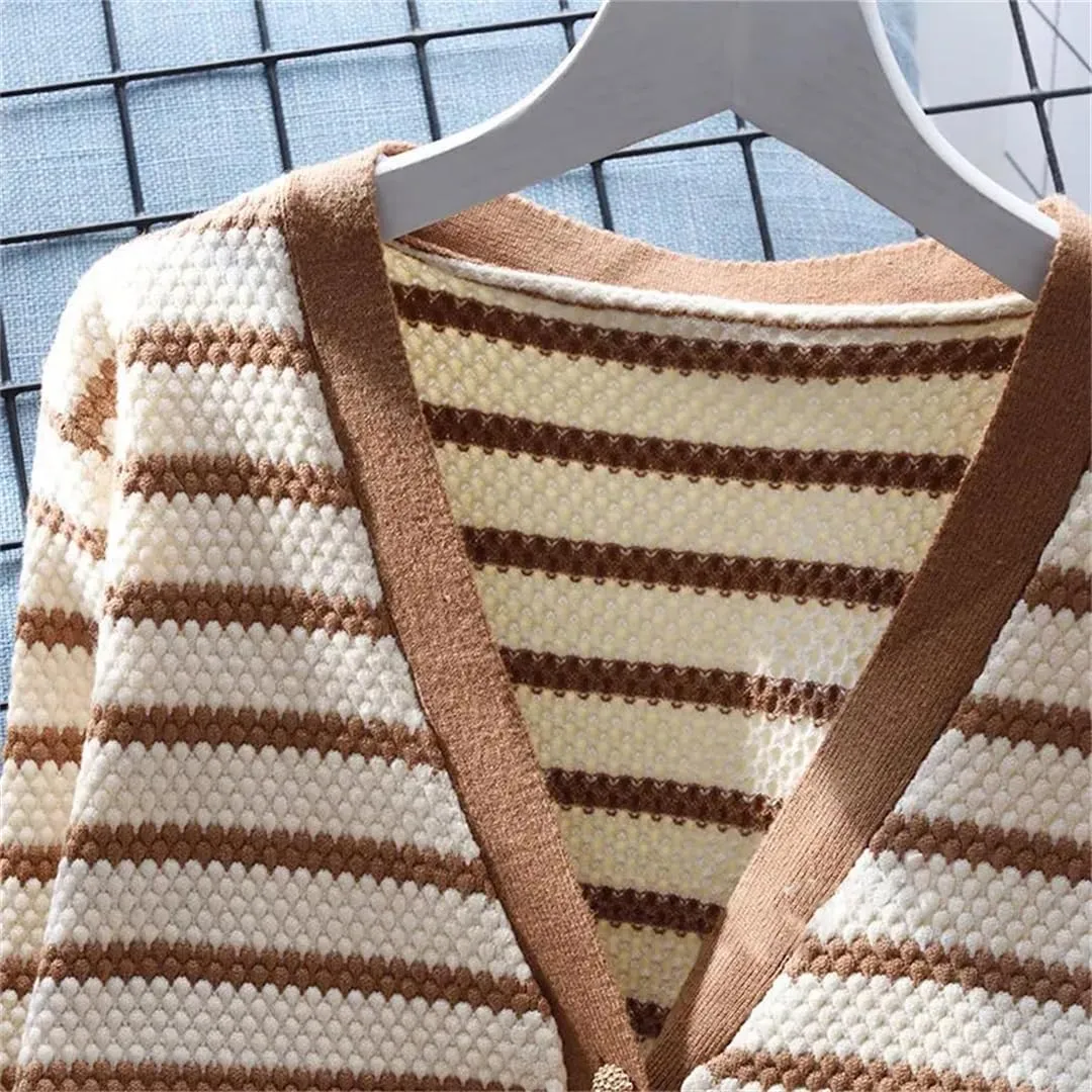 Vsadsau Women's Striped Knit Cardigan Sweater V-Neck Casual Loose Long Sleeve Buttons Jumper