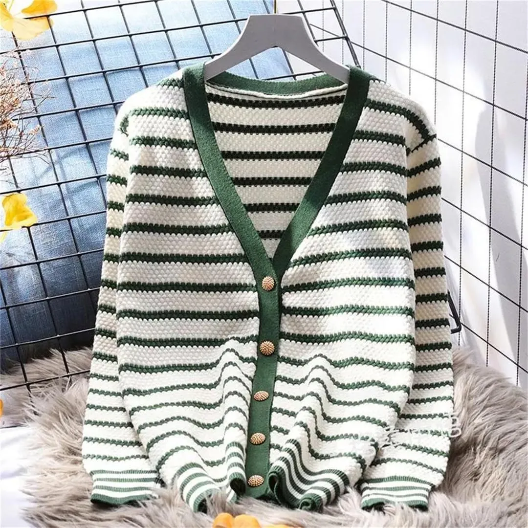 Vsadsau Women's Striped Knit Cardigan Sweater V-Neck Casual Loose Long Sleeve Buttons Jumper
