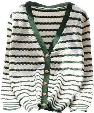 Vsadsau Women's Striped Knit Cardigan Sweater V-Neck Casual Loose Long Sleeve Buttons Jumper