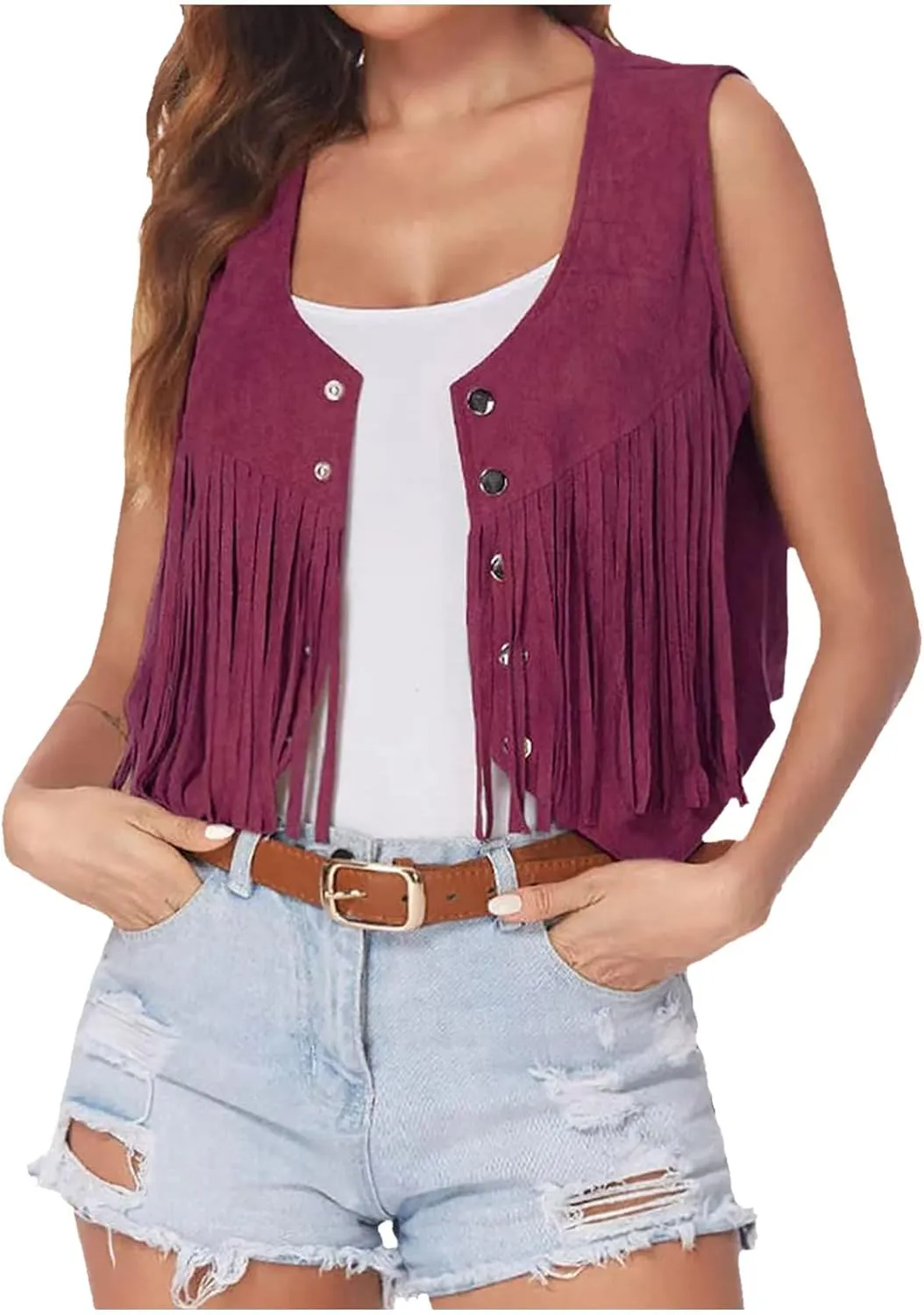 Western Fringe Vest Tops Womens Classic Suede Leather 70s Cowboy Shirt Rodeo Outfits Sleeveless Hippie Tassel Jackets
