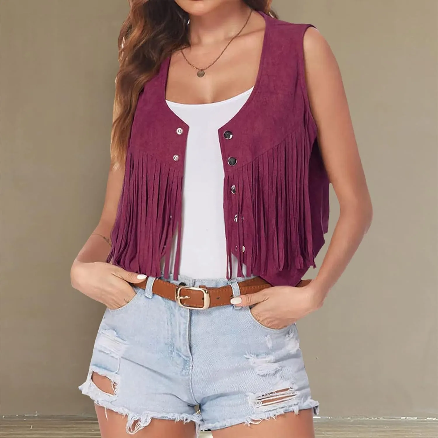Western Fringe Vest Tops Womens Classic Suede Leather 70s Cowboy Shirt Rodeo Outfits Sleeveless Hippie Tassel Jackets