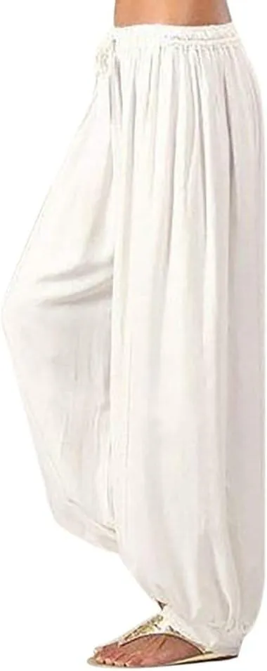 White Linen Pants Women| Wide Leg Dressy Baggy Beach Harem Pants with Pockets Solid Yoga Palazzo Pants for Women