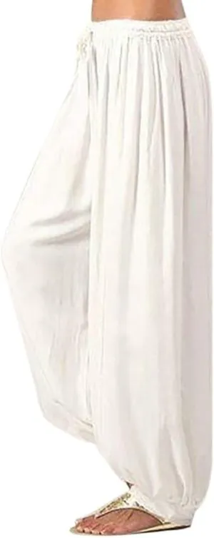 White Linen Pants Women| Wide Leg Dressy Baggy Beach Harem Pants with Pockets Solid Yoga Palazzo Pants for Women