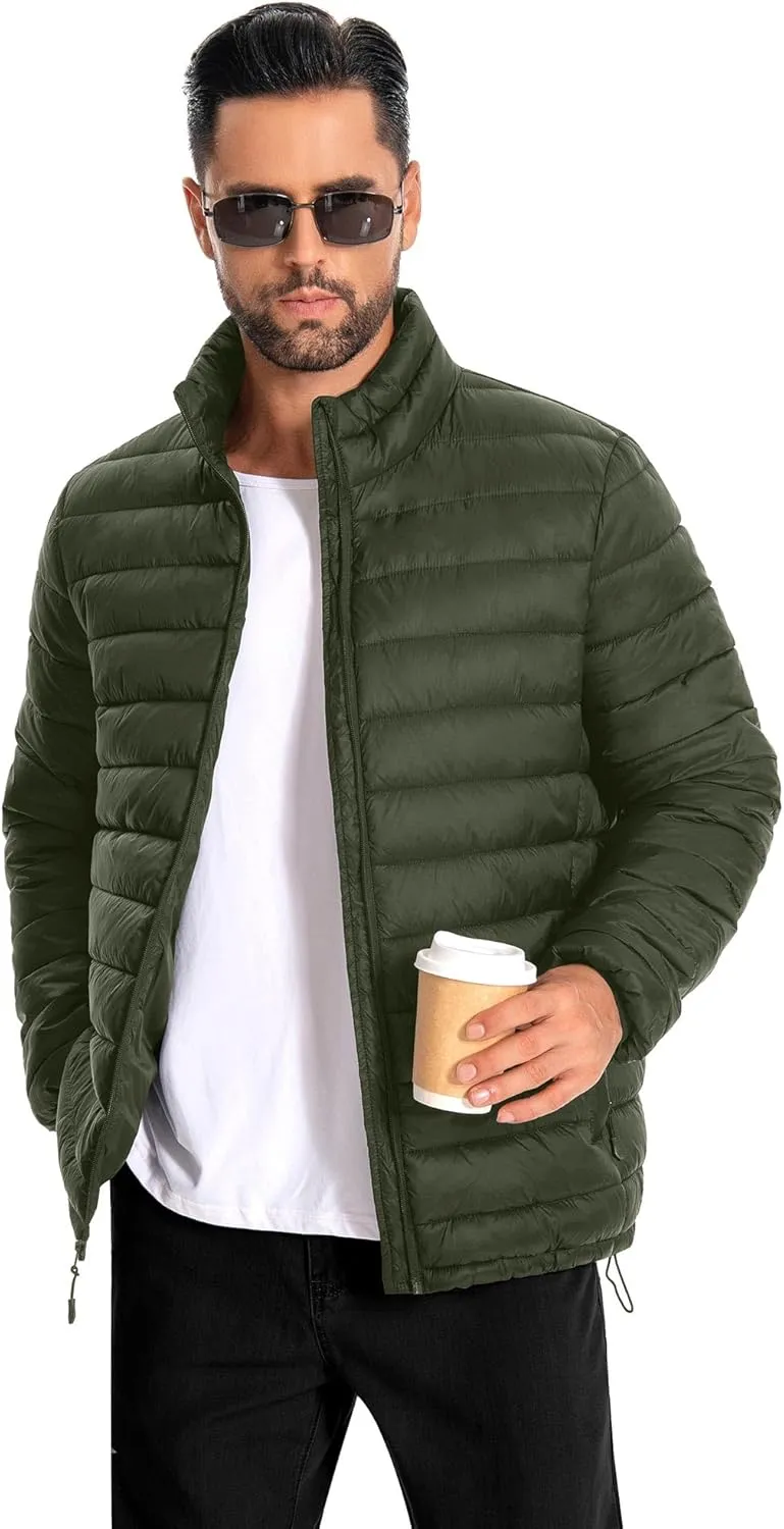 WHN Men's Puffer Jacket Lightweight Winter Waterproof Windproof Stand Collar Full Zipper Coat with 3 Pockets