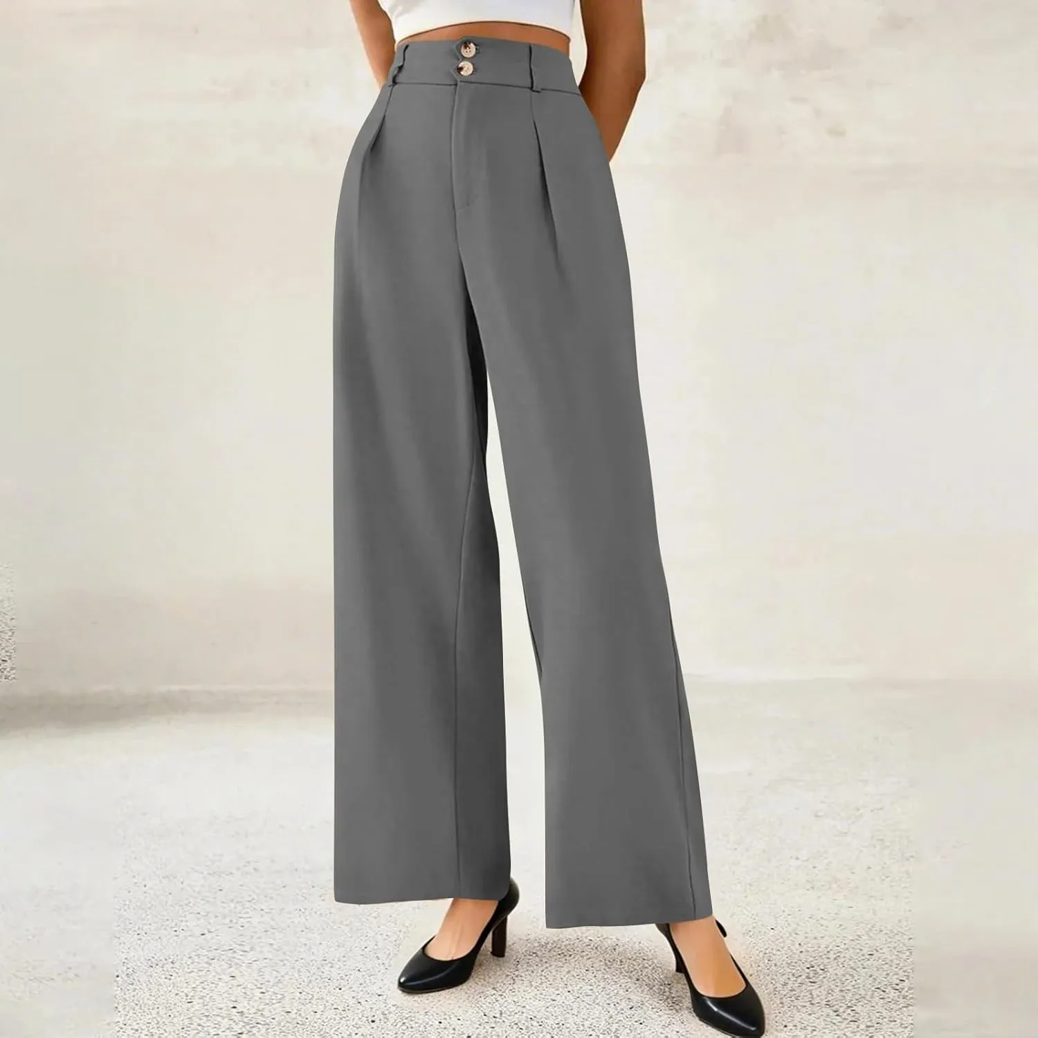 Wide Leg Dress Pants for Women Business Casual Pleated High Elastic Waist Button Palazzo Pants with Pockets