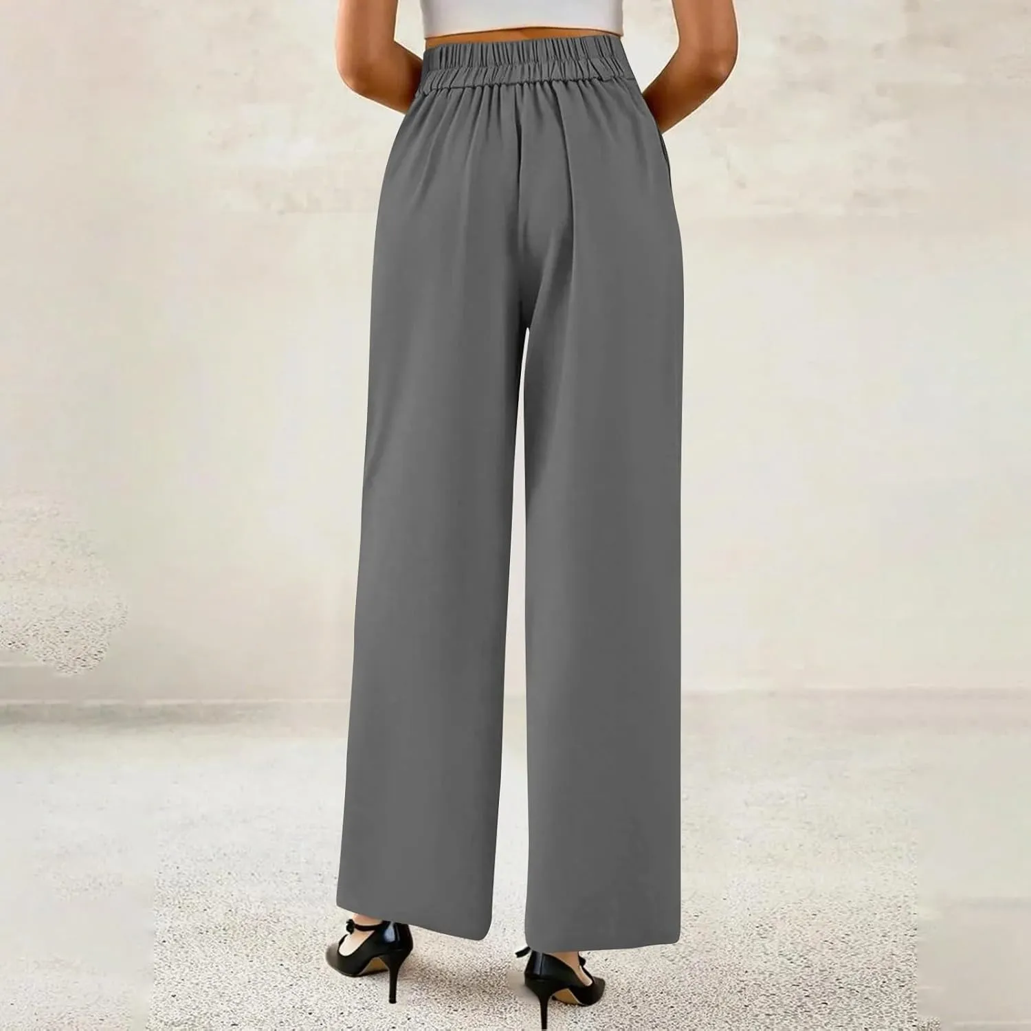 Wide Leg Dress Pants for Women Business Casual Pleated High Elastic Waist Button Palazzo Pants with Pockets