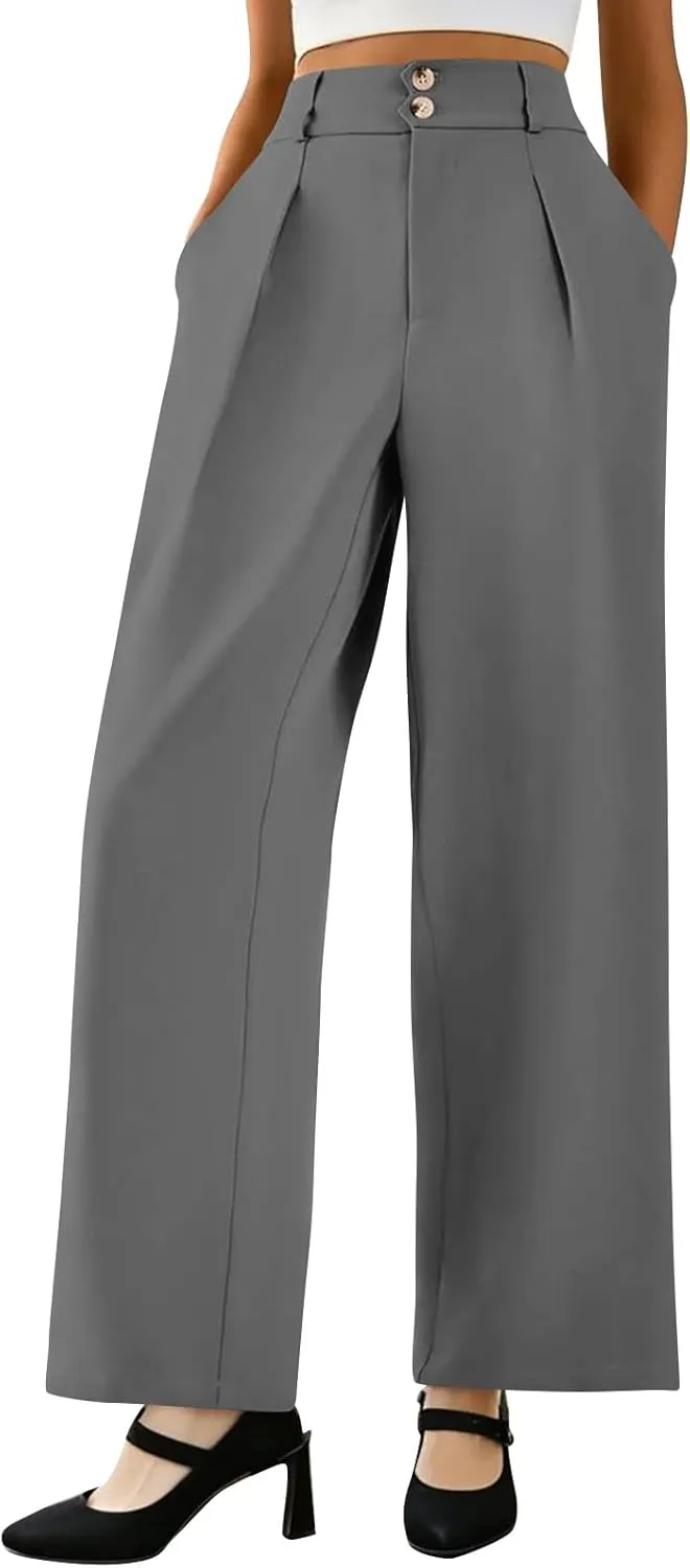 Wide Leg Dress Pants for Women Business Casual Pleated High Elastic Waist Button Palazzo Pants with Pockets