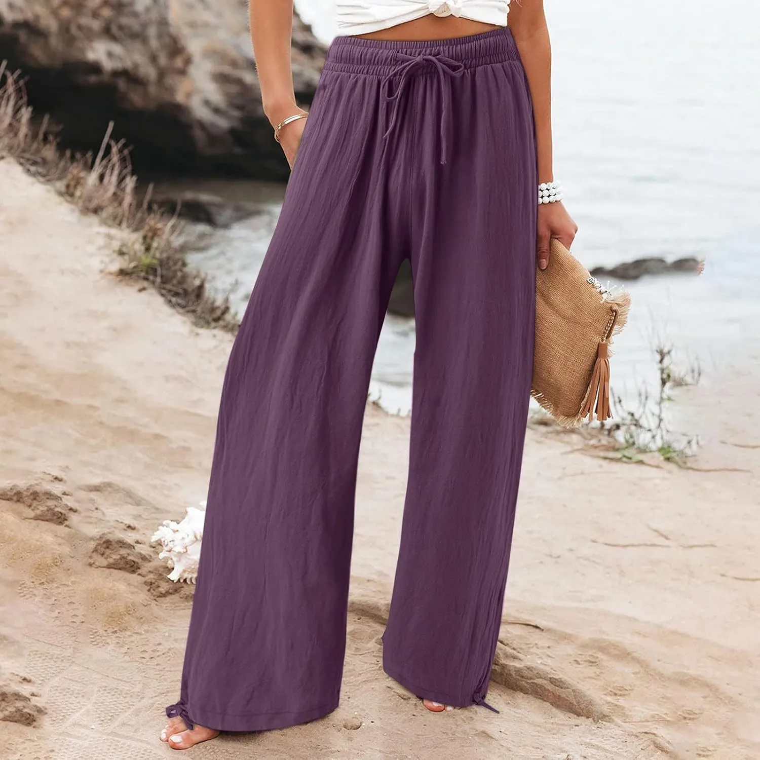 Wide Leg Linen Pants for Women Casual High Waisted Palazzo Pants Lightweight Summer Flowy Beach Trousers with Pockets