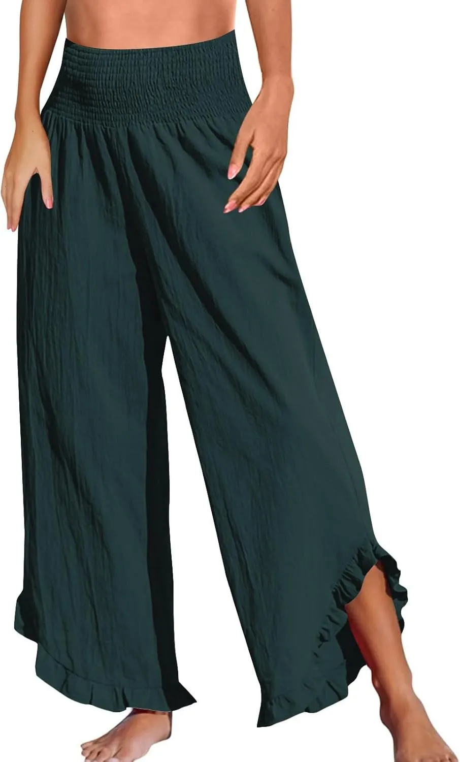Wide Leg Linen Pants for Women Elastic High Waisted Tummy Control Ruffles Palazzo Pants Casual Summer Flowy Beach Trousers