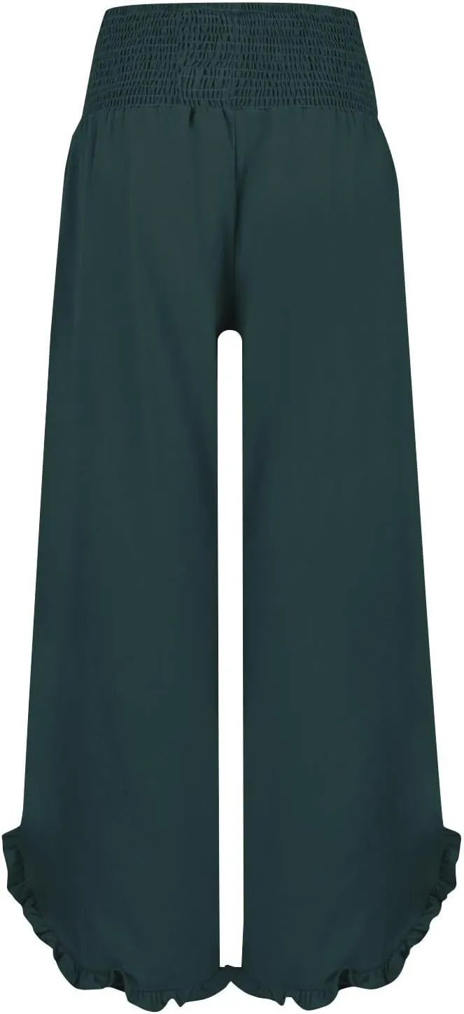 Wide Leg Linen Pants for Women Elastic High Waisted Tummy Control Ruffles Palazzo Pants Casual Summer Flowy Beach Trousers