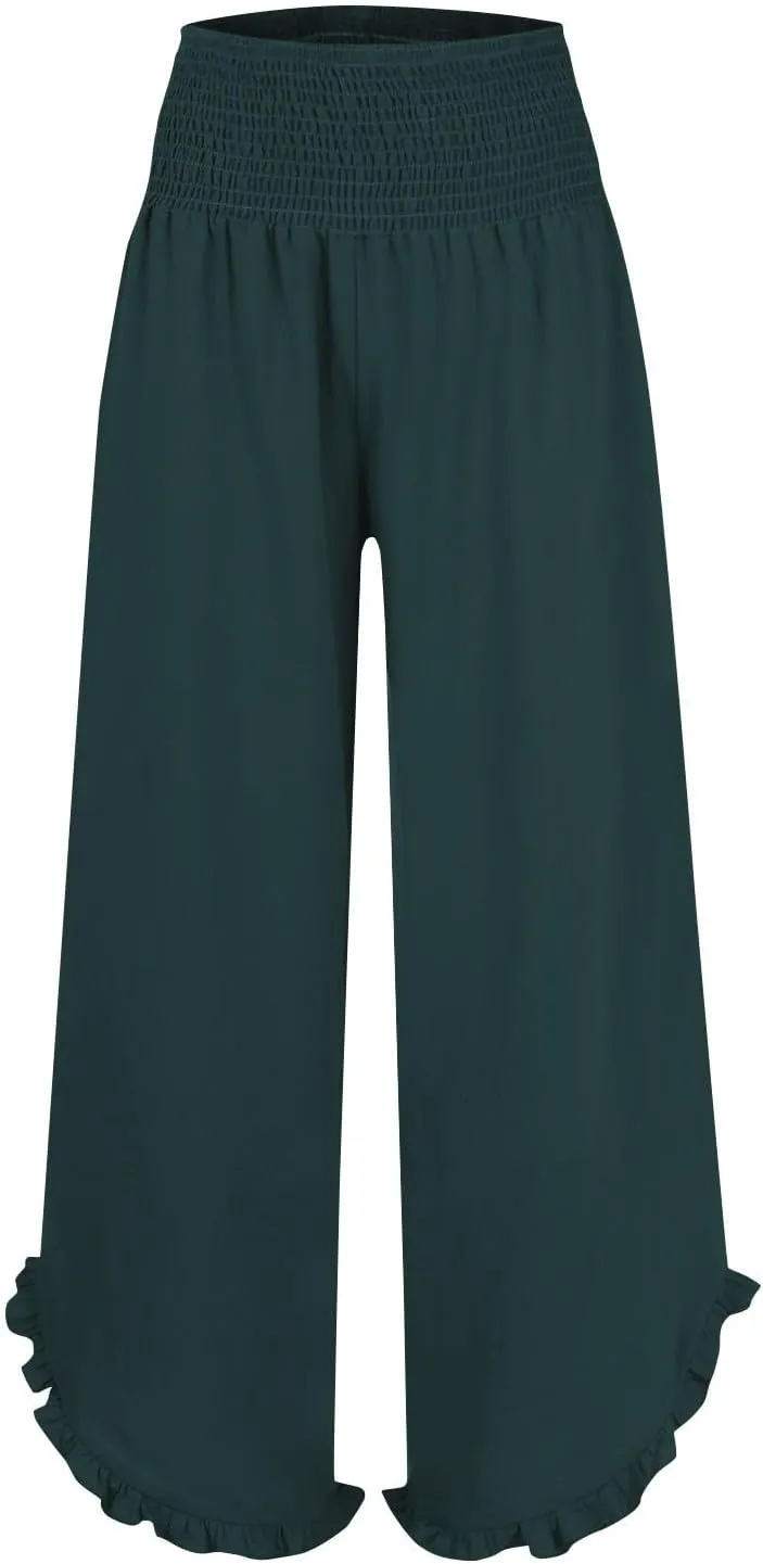 Wide Leg Linen Pants for Women Elastic High Waisted Tummy Control Ruffles Palazzo Pants Casual Summer Flowy Beach Trousers