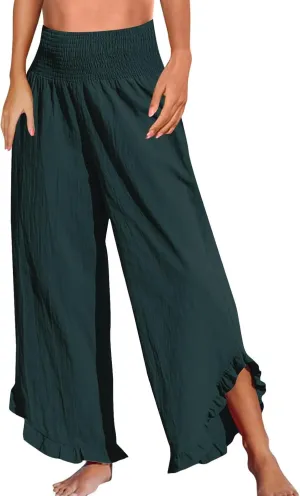 Wide Leg Linen Pants for Women Elastic High Waisted Tummy Control Ruffles Palazzo Pants Casual Summer Flowy Beach Trousers