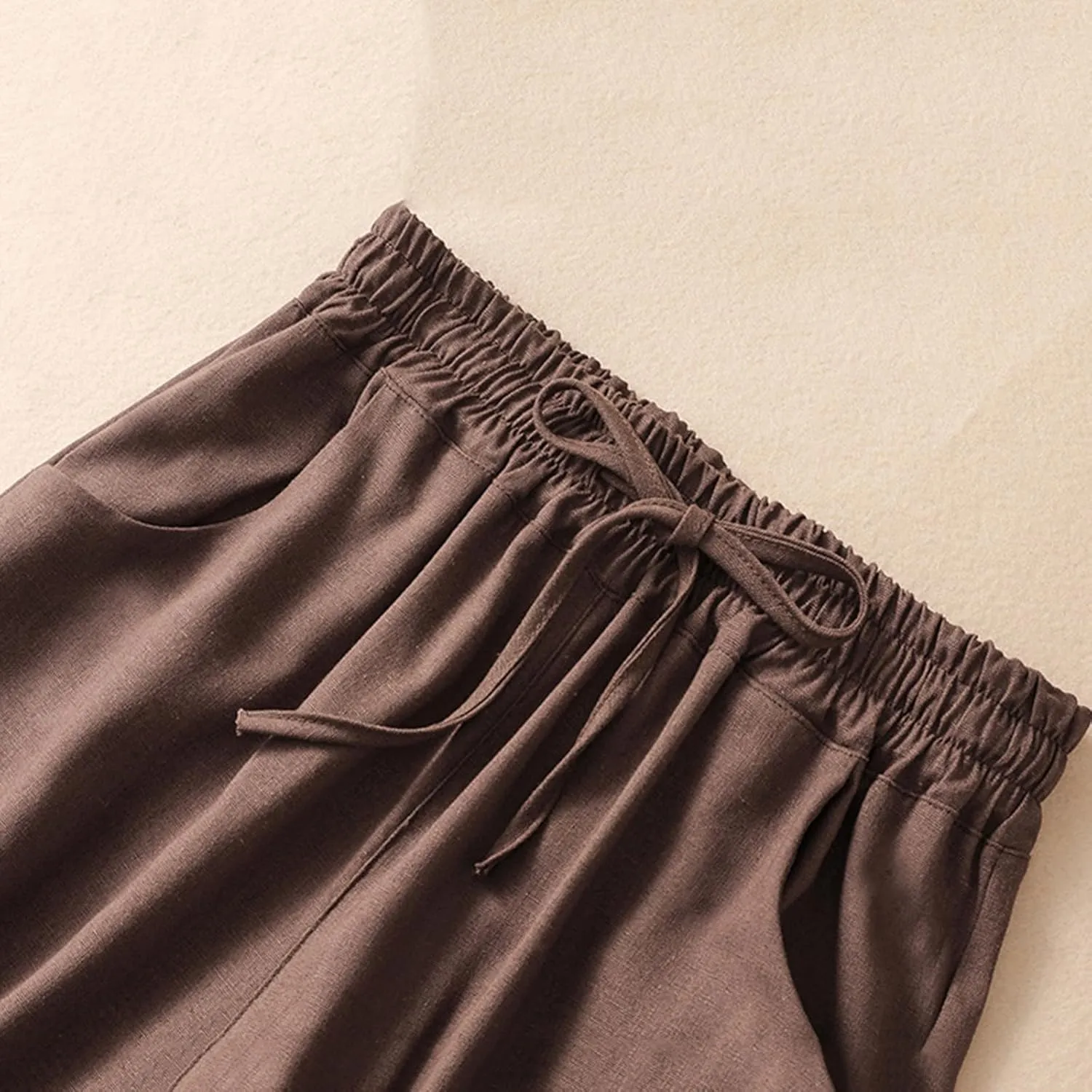 Wide Leg Linen Pants for Women Elastic Waist Drawstring Straight Leg Lounge Trousers Summer Palazzo Pants