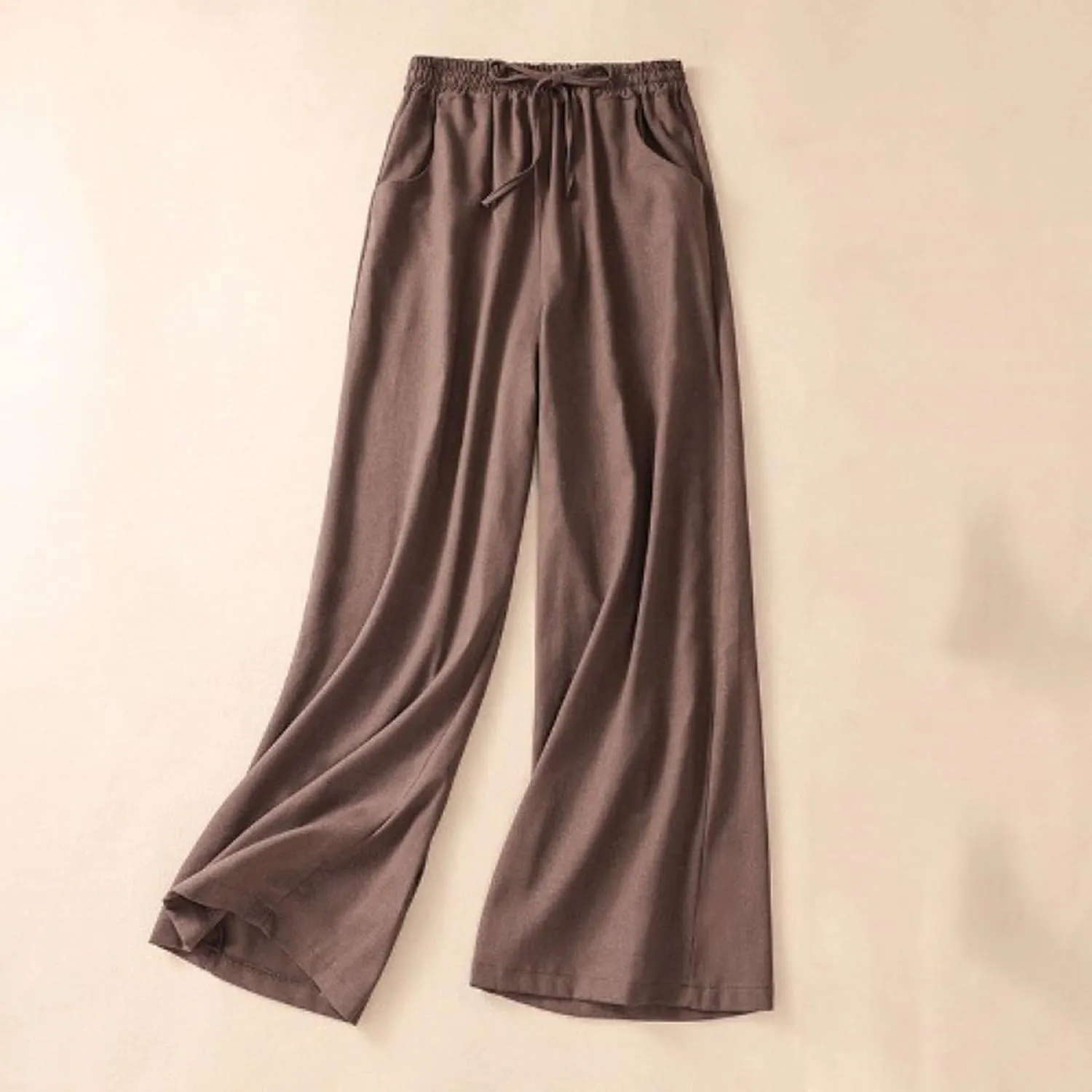 Wide Leg Linen Pants for Women Elastic Waist Drawstring Straight Leg Lounge Trousers Summer Palazzo Pants