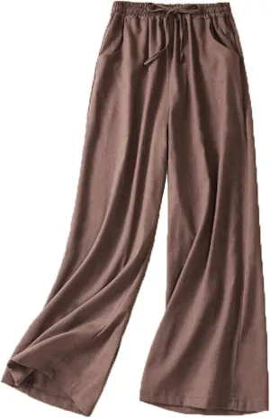 Wide Leg Linen Pants for Women Elastic Waist Drawstring Straight Leg Lounge Trousers Summer Palazzo Pants