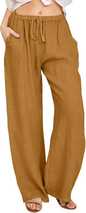 Wide Leg Linen Pants for Women Summer Boho High Waisted Palazzo Pants Lightweight Baggy Comfy Beach Pants with Pocket