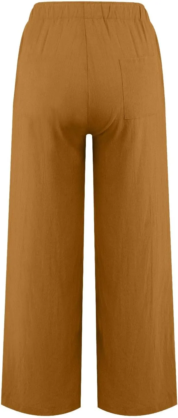 Wide Leg Linen Pants for Women Summer Boho High Waisted Palazzo Pants Lightweight Baggy Comfy Beach Pants with Pocket